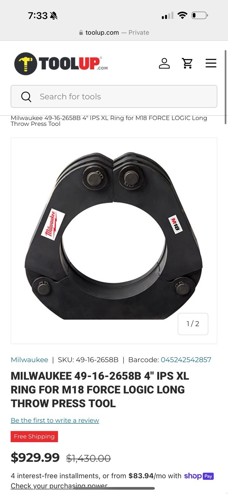 Milwaukee 49-16-2658B 4" IPS XL Ring for M18 Force Logic Long Throw Press Tool