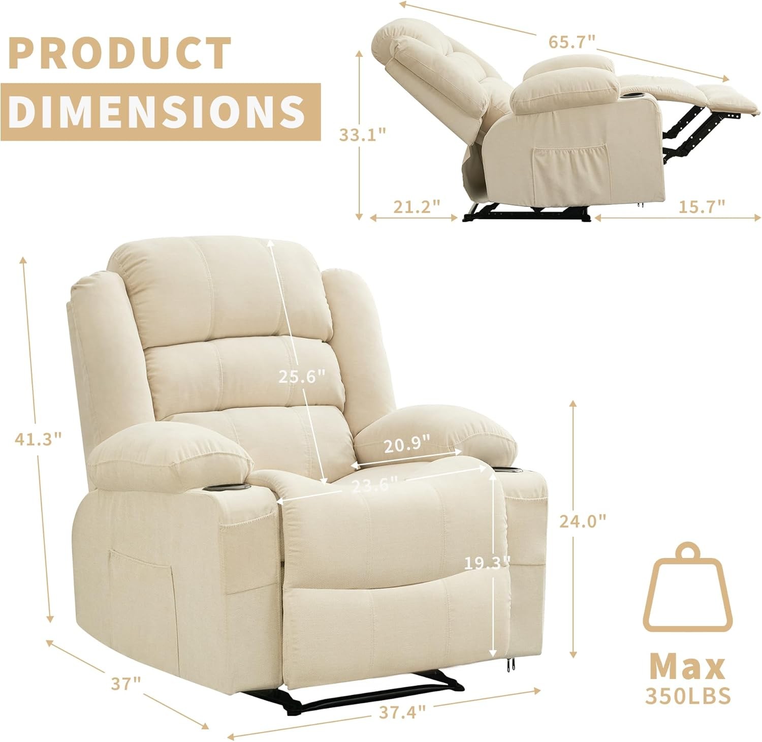 Oversized Recliner Chair with Pull Tab Recline Headrest Cup Holders Side Pockets