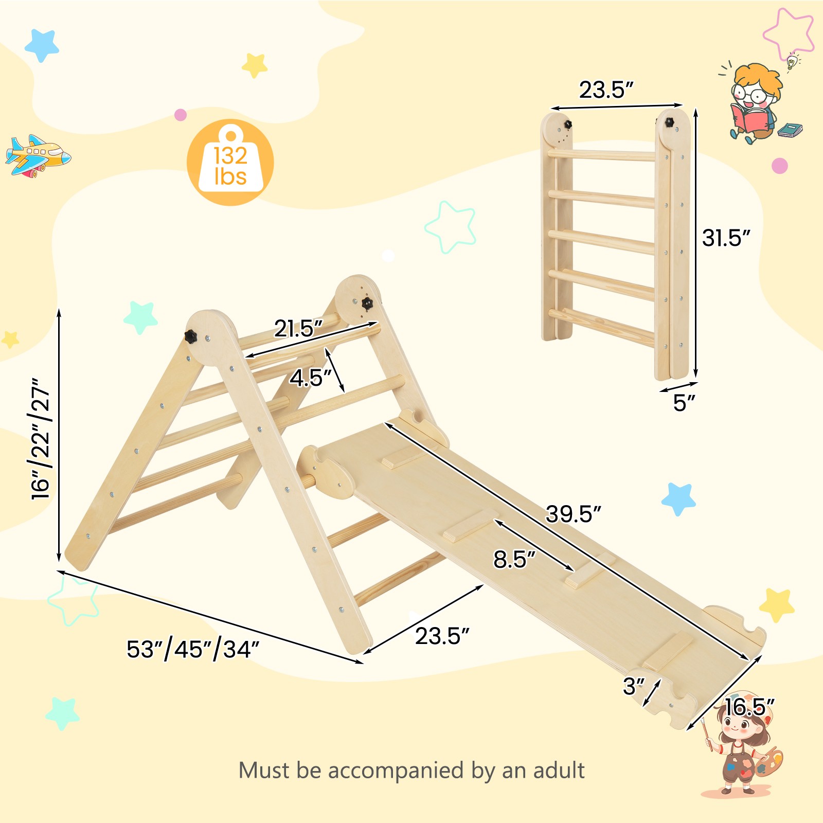 3-in-1 Triangular Climbing Toys Foldable & Height-adjustable Triangle Set
