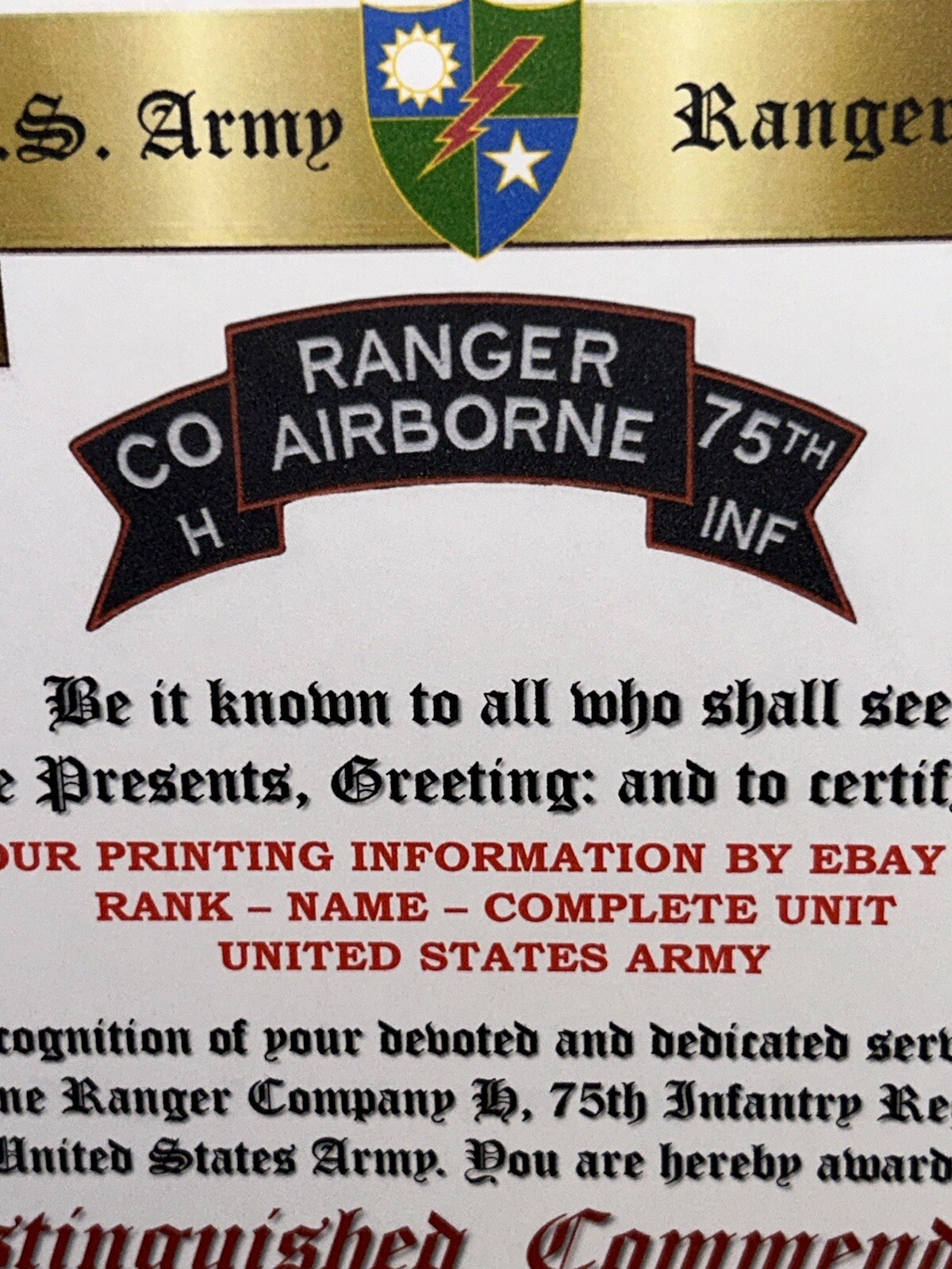 U.S. ARMY - H CO. 75TH INFANTRY RANGER REGIMENT / DISTINGUISHED COMMENDATION