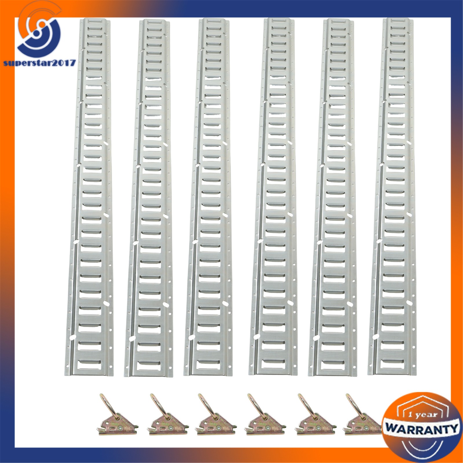 12PCS E-Track Tie-Down Rail Kit 6x 5ft Silver Galvanized Rails 6 O-Ring Anchors