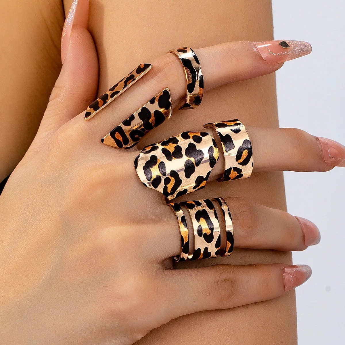 5Pcs Leopard Print Ring Set Women Fashion Animal Pattern Trendy Jewelry Stainles