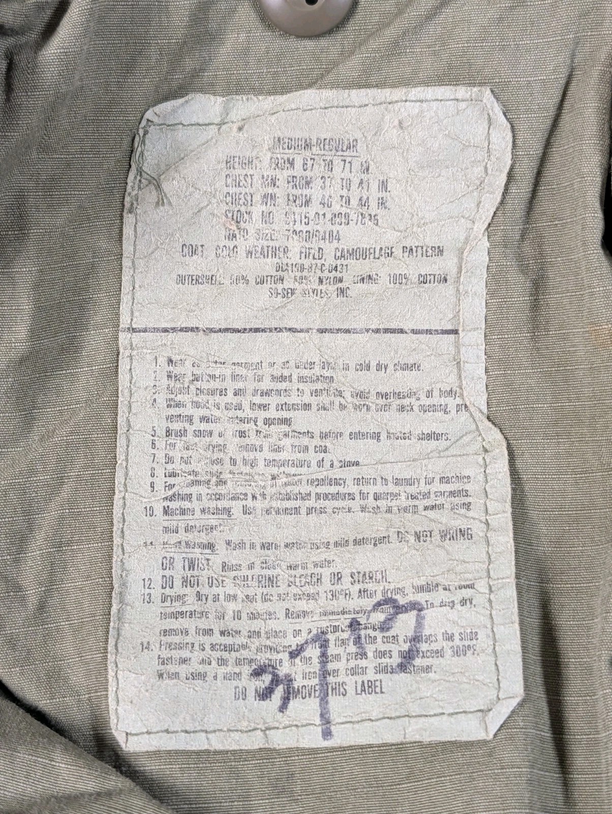 Cold Weather Field Camo Coat “U.S. Army” Size Medium Regular