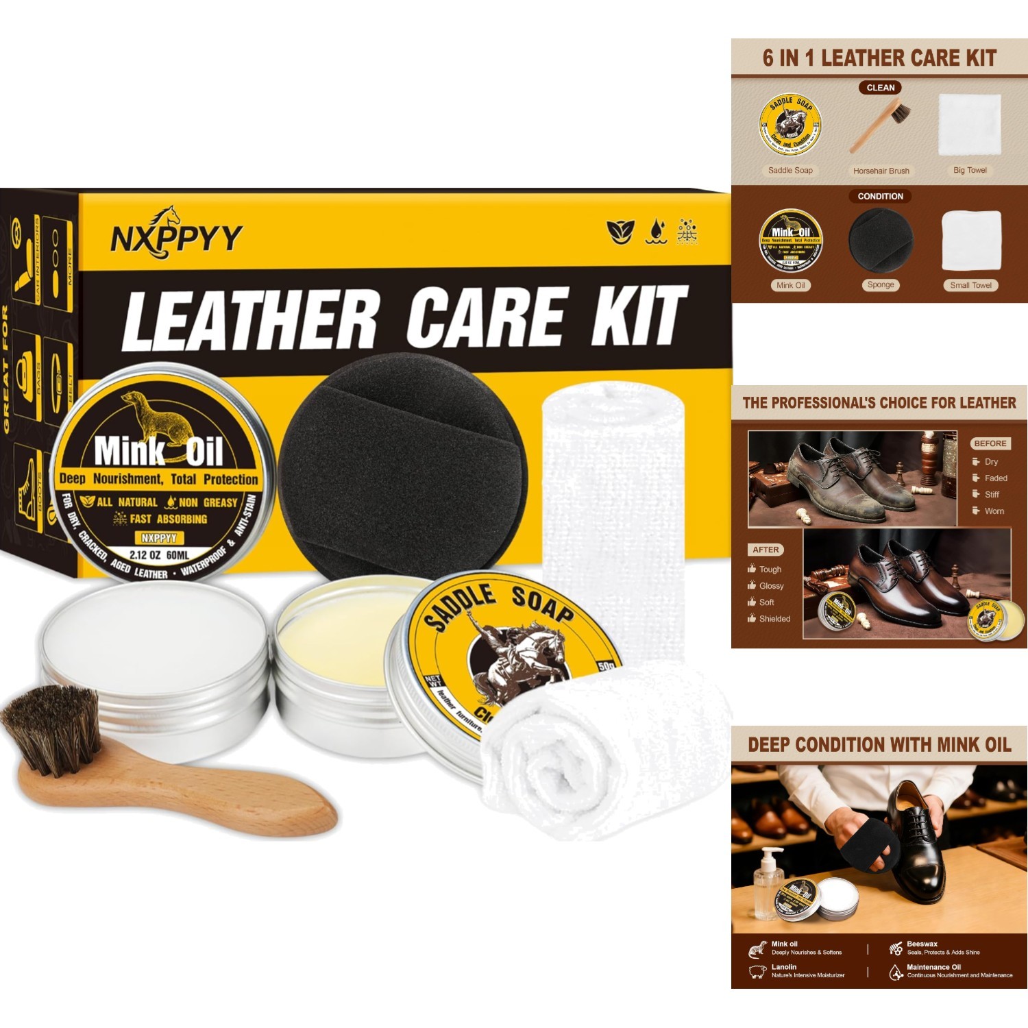 6-in-1 Leather Boot Care Kit with Mink Oil & Saddle Soap for Effortless Cleaning