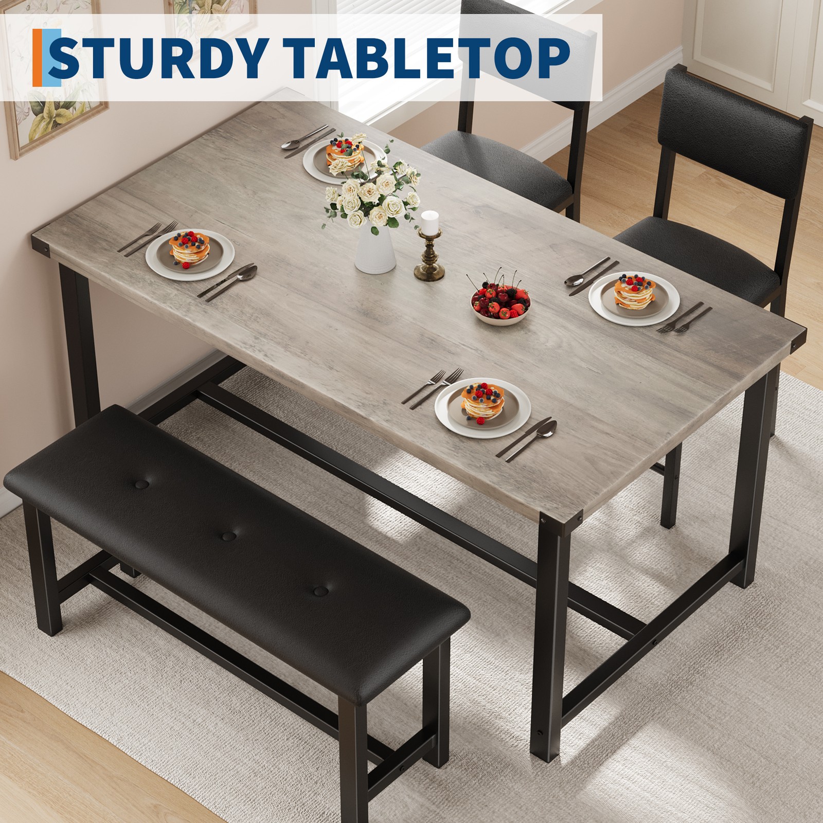 Modern Dining Table with Upholstered Bench & 2 Padded Chairs for Dining Room