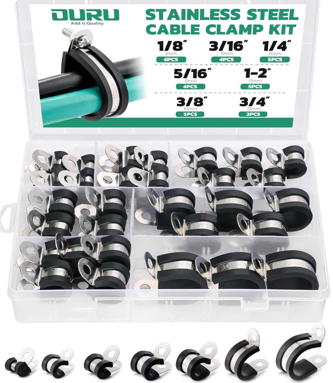 OURU 30PCS Cable 30pcs - 1/8", 3/16", 1/4", 5/16", 3/8", 1/2", 3/4", Black