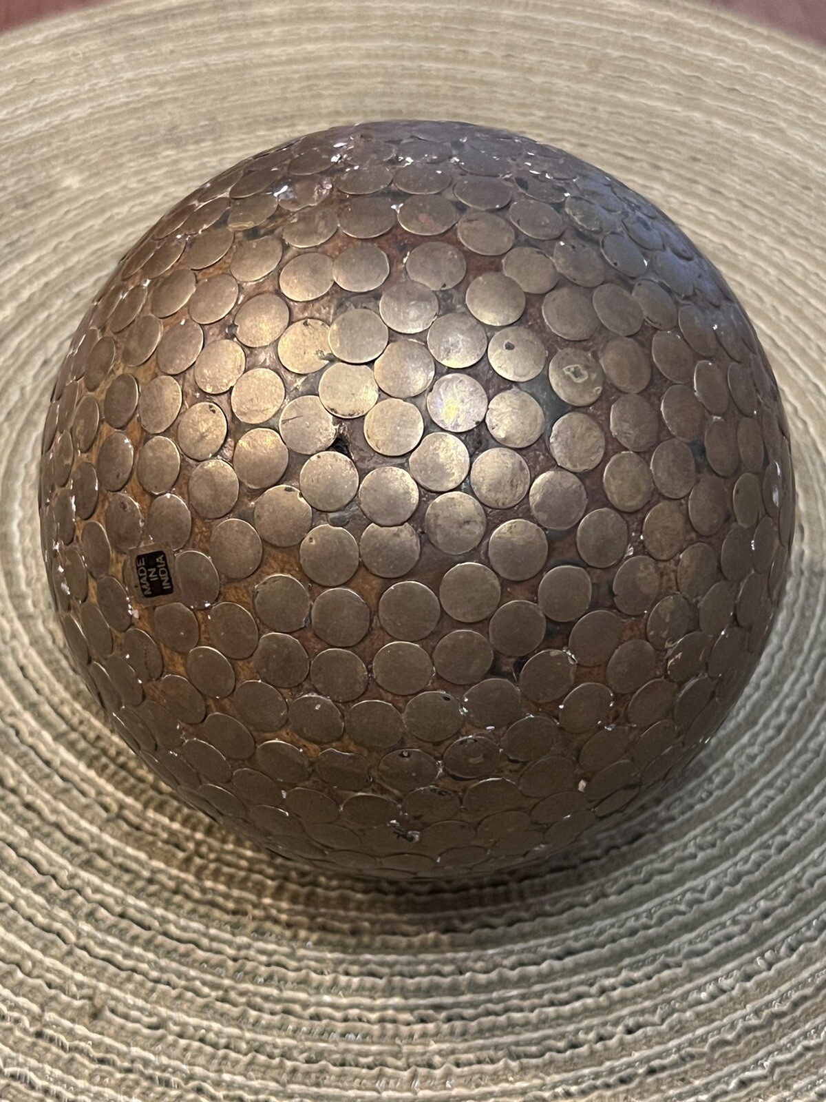 5” Embellished Wood Ball Copper Studs Decorative Sphere Orb Modern Decor Large