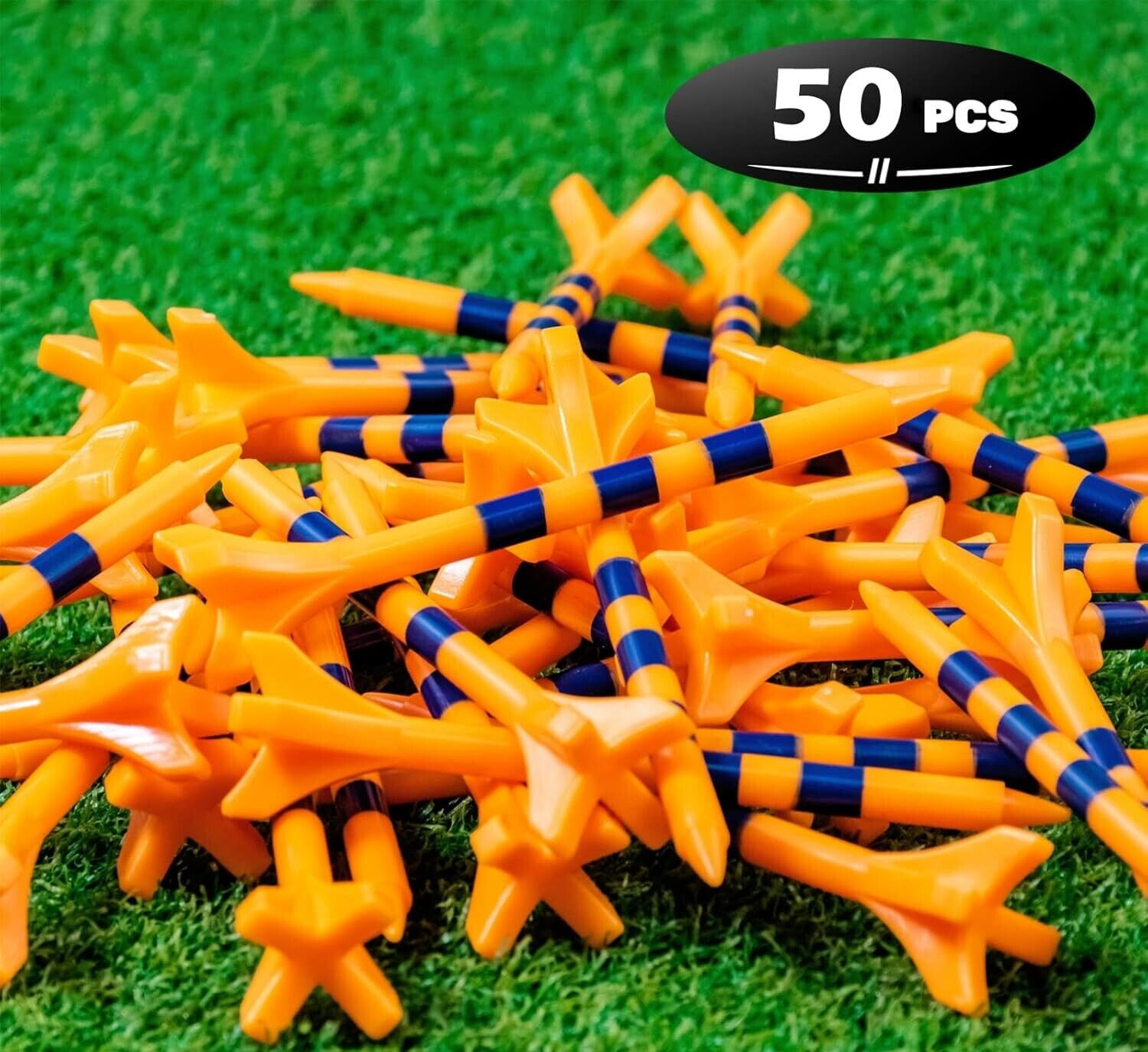 50 Pack 70mm 2-3/4" Golf Tees Orange Stripe 4 Prongs Head Plastic Long Length