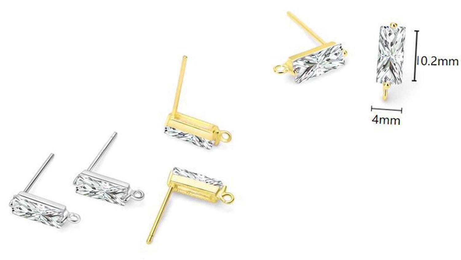 1Pair Sterling Silver Stud Earrings Component, CZ Rectangle 4x10mm FESV19