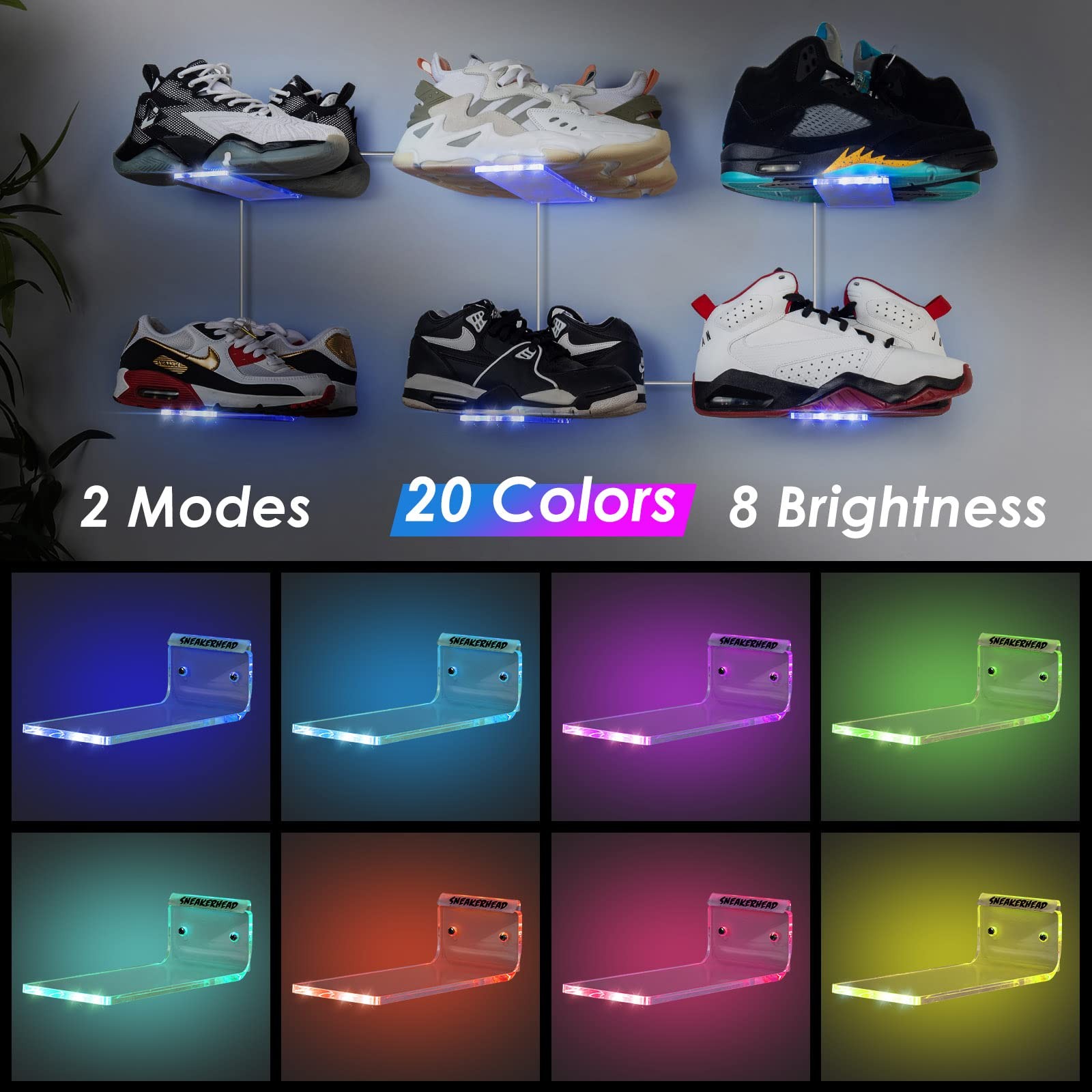 Floating Shoe Display Shelf Set of 6 with Lights, Glow Color Changing Wall Sh...