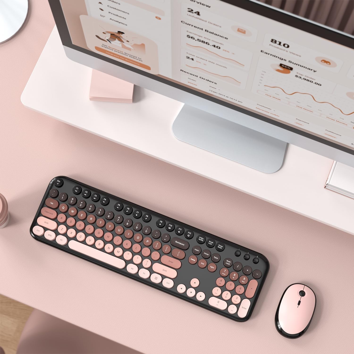 Wireless Keyboard and Mouse Combo, Typewriter Full Size Retro Keyboard with N...