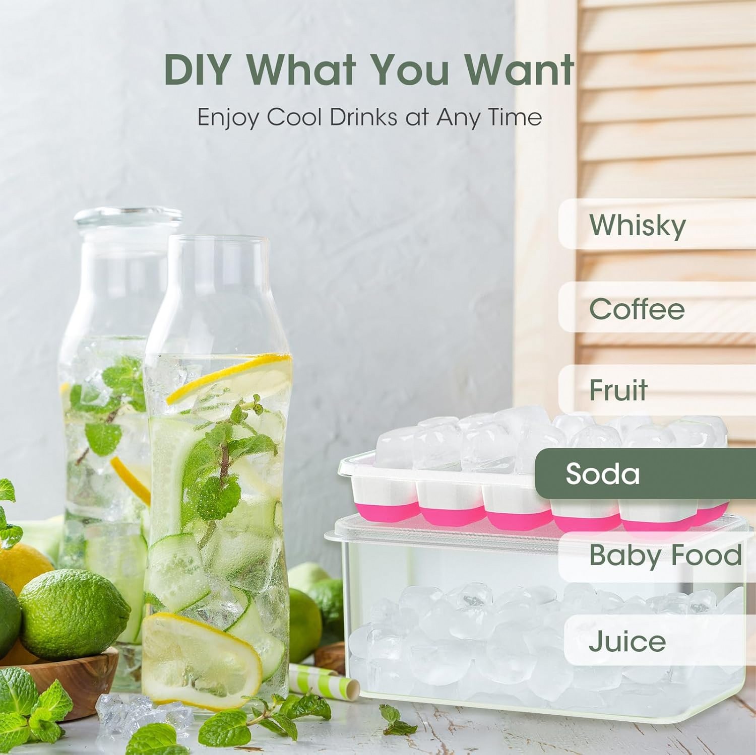 DOQAUS Ice Cube Tray 4 Pack with Lid Bin Scoop Silicone Freezer