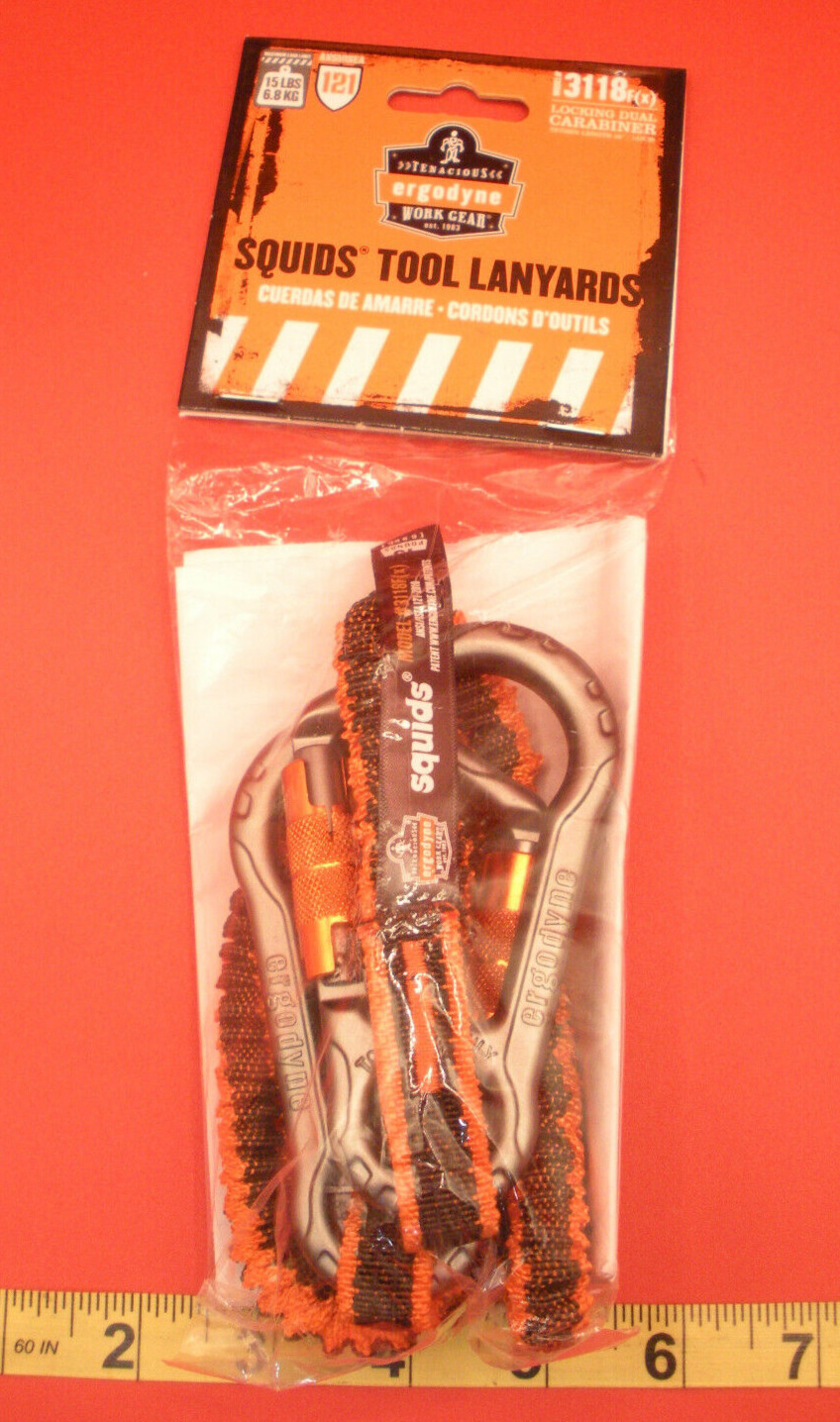 Squids 3118F(x) Locking Dual Carabiner Tool Lanyard 15lbs 3118F Ergodyne Orange