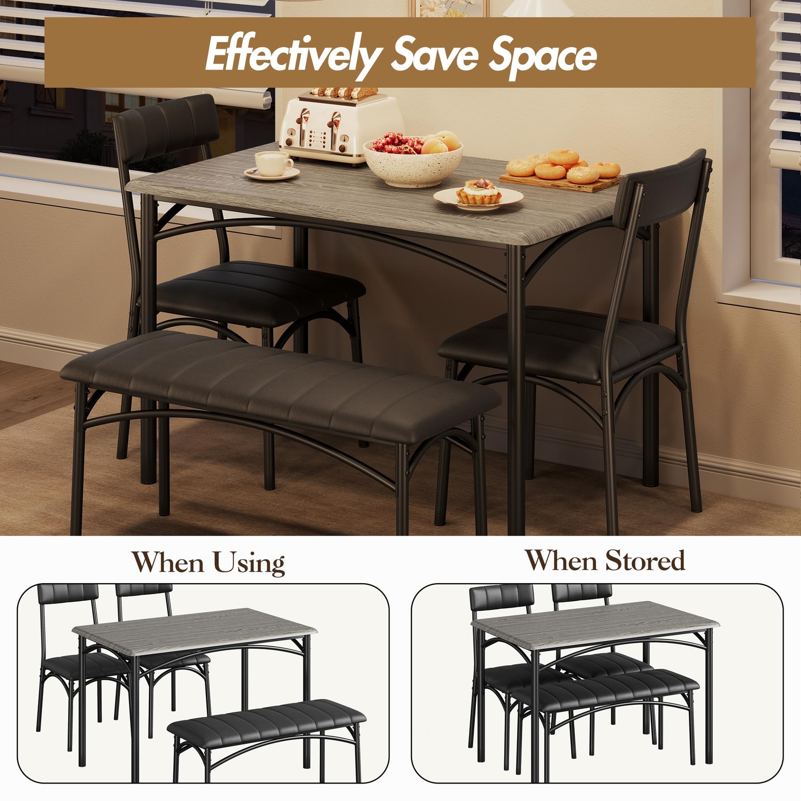 Dining Table Set, Kitchen Table With Upholstered Bench and Chairs for Apartment