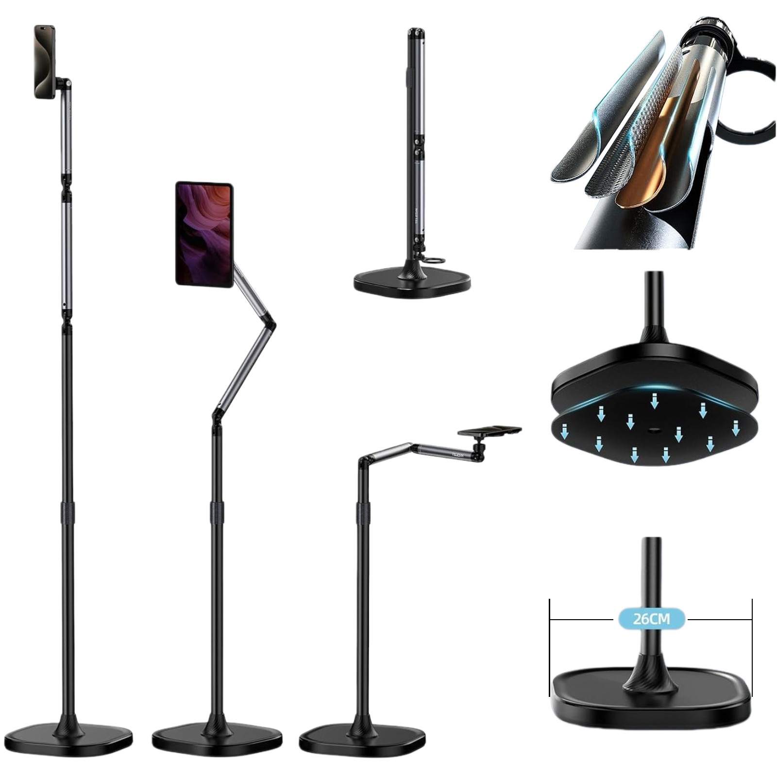 TELESIN° 1.6M Aluminum Magnetic Floor Stand Mount Holder for iPhone iPad Tablet