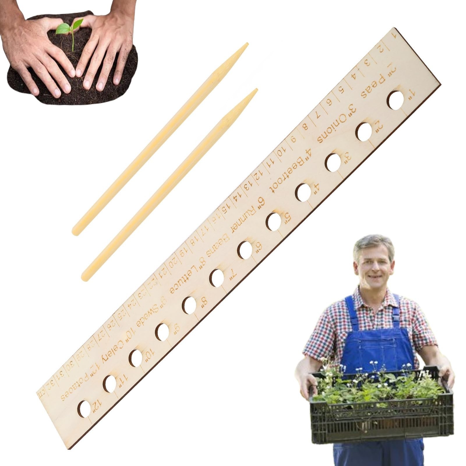Seed Spacers Planting Tool, Garden Seed Planter Ruler with 2 Wooden Stakes, I...