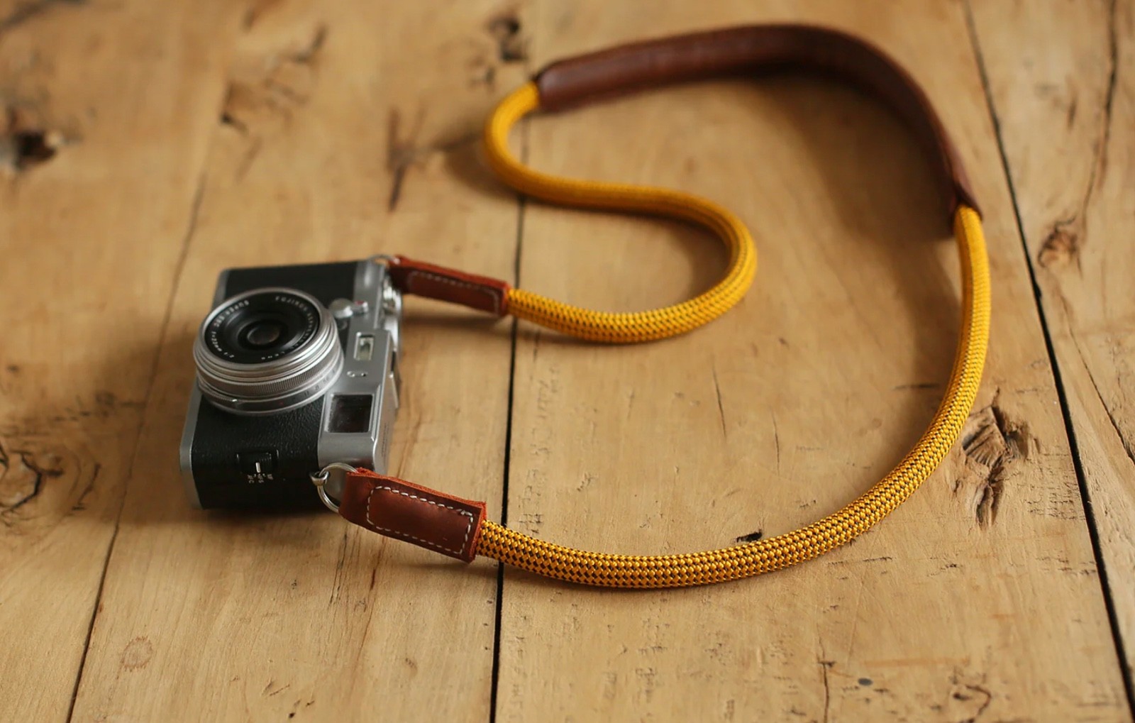 Gold Rope Camera Strap with Leather Shoulder Pad – 10mm Handmade