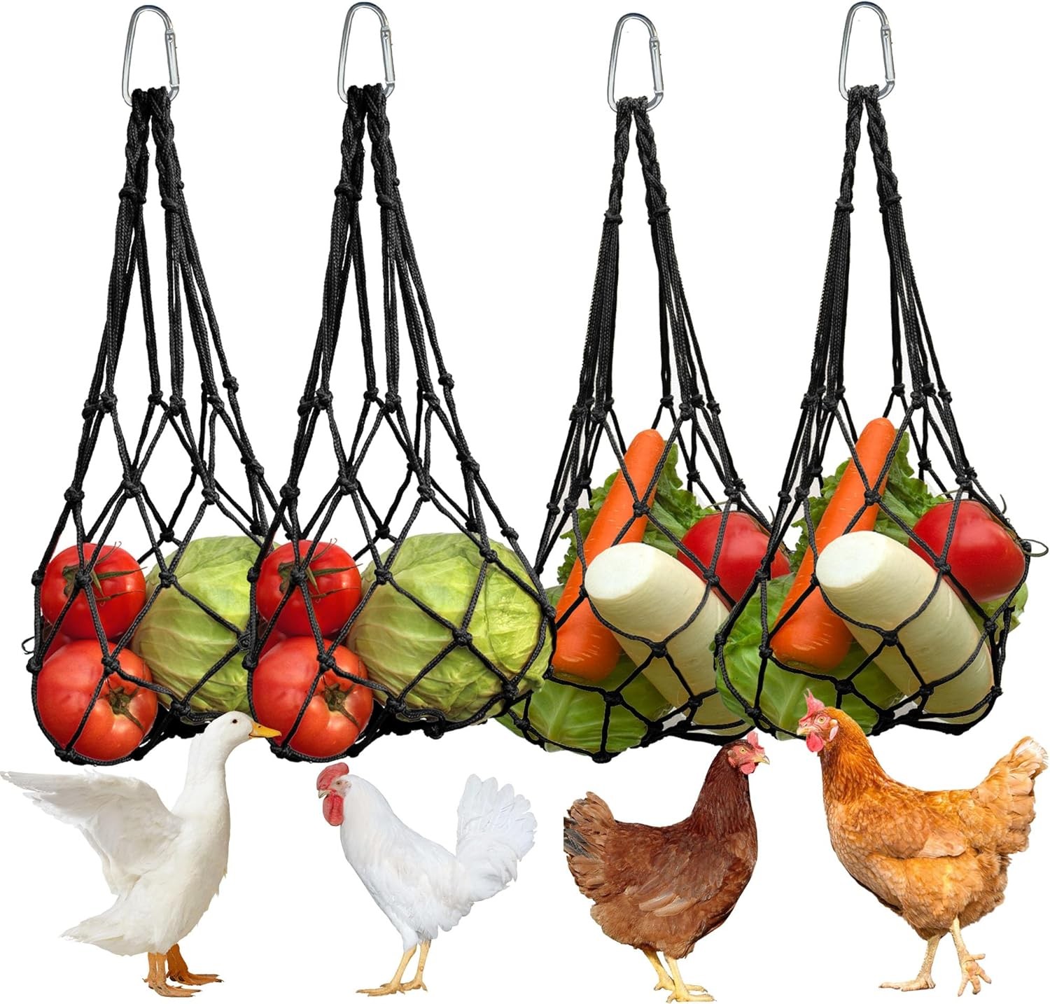 Chicken Vegetable Fruit Hanging Feeder 4Pcs Reusable String Bag W/ Hook Chicken