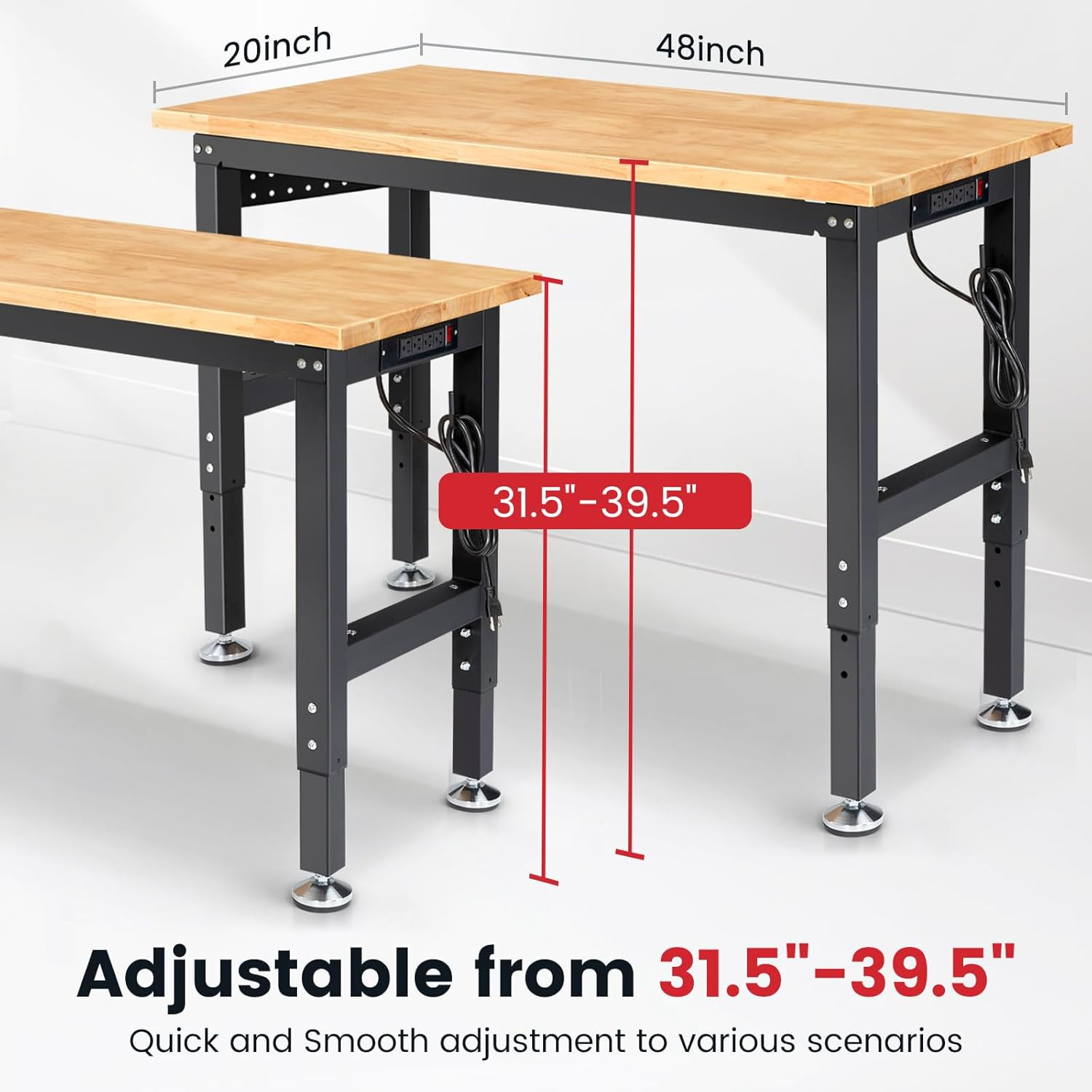 48" X 20" Adjustable Height Workbench Heavy Duty Rubberwood Work Table with Pegb