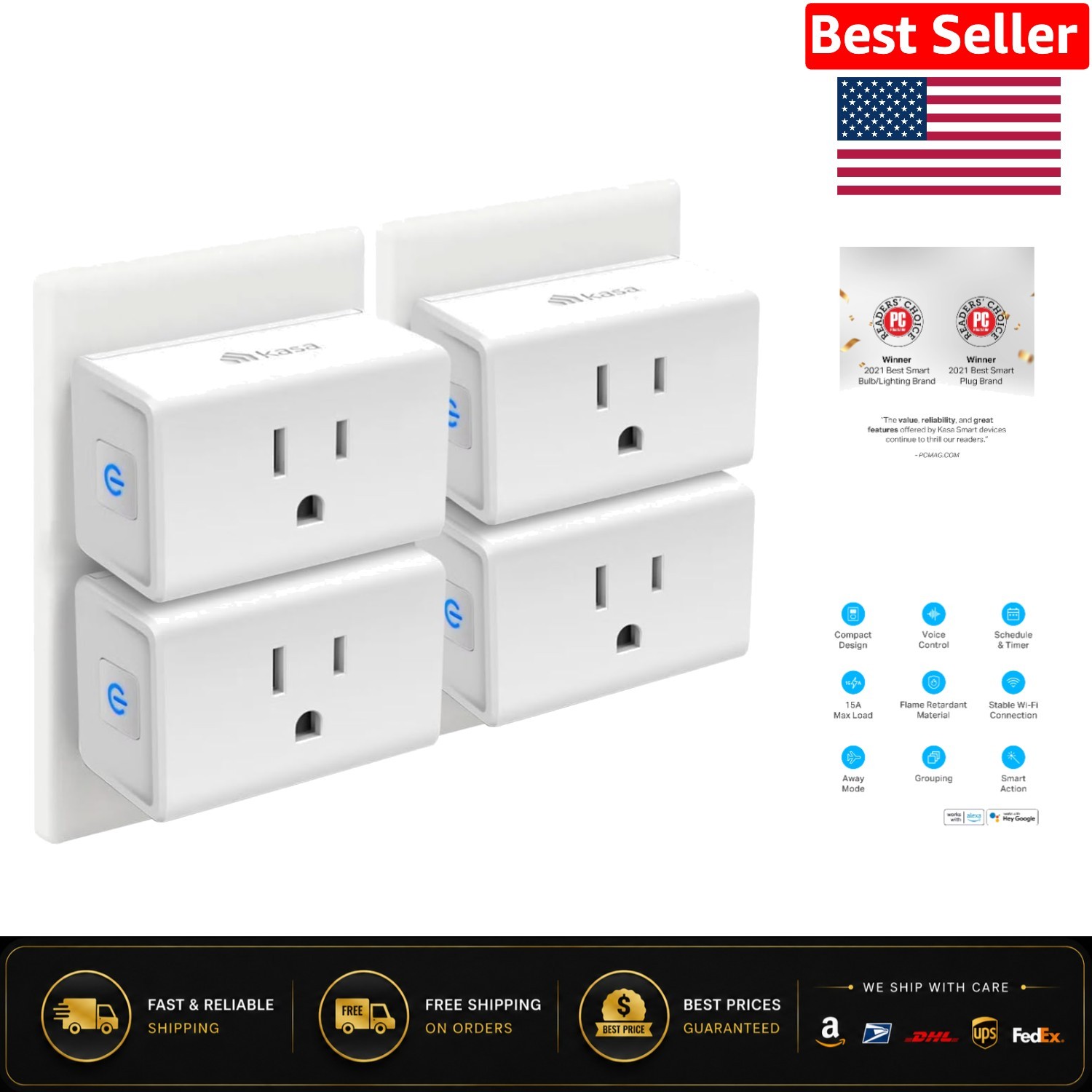 Compact 15A Smart Wi-Fi Plugs - 4-Pack,  Certified for Safe Home Automation
