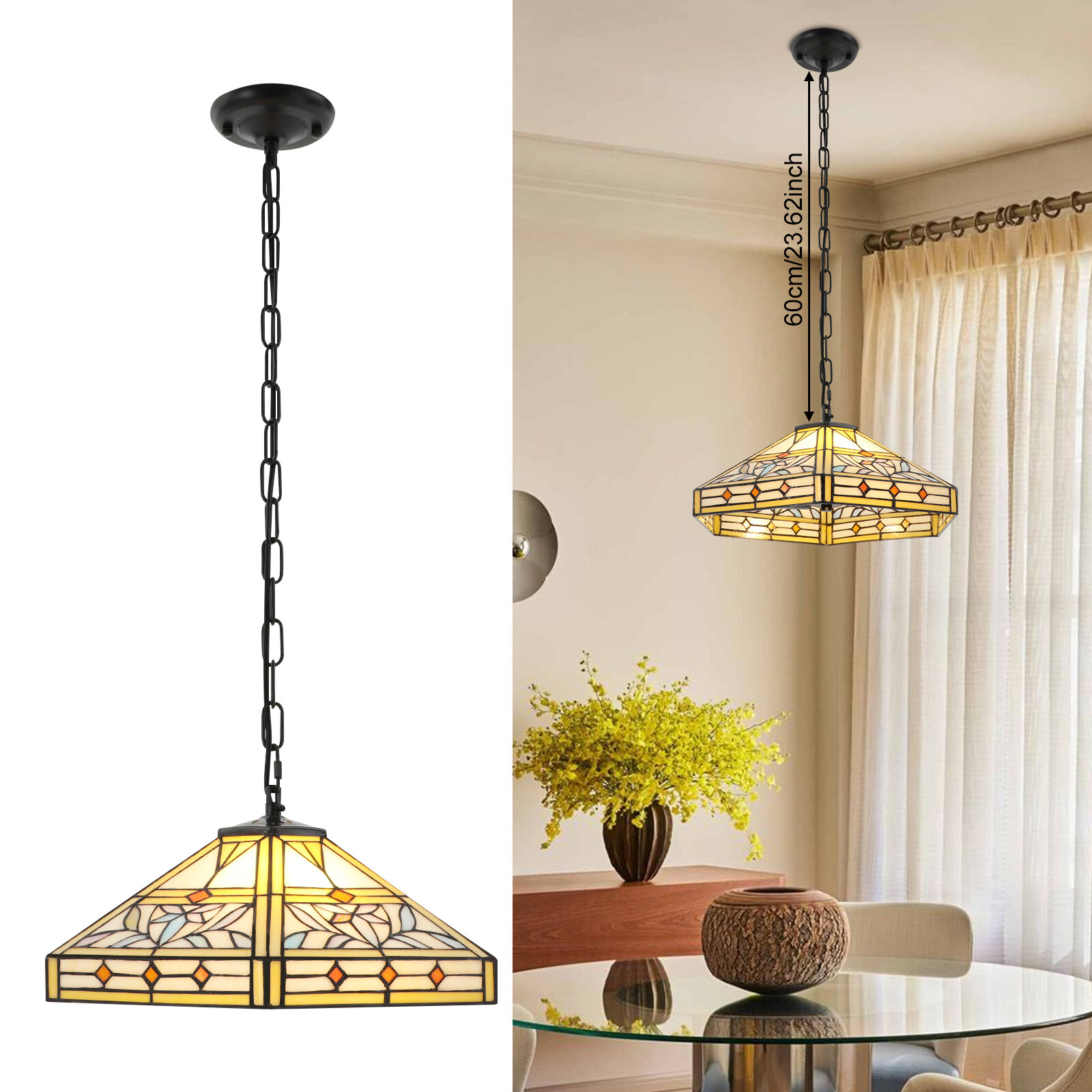 Pendant Light - 2-Light Iron & Glass, Ceiling Mount, Adjustable Height 5-60cm