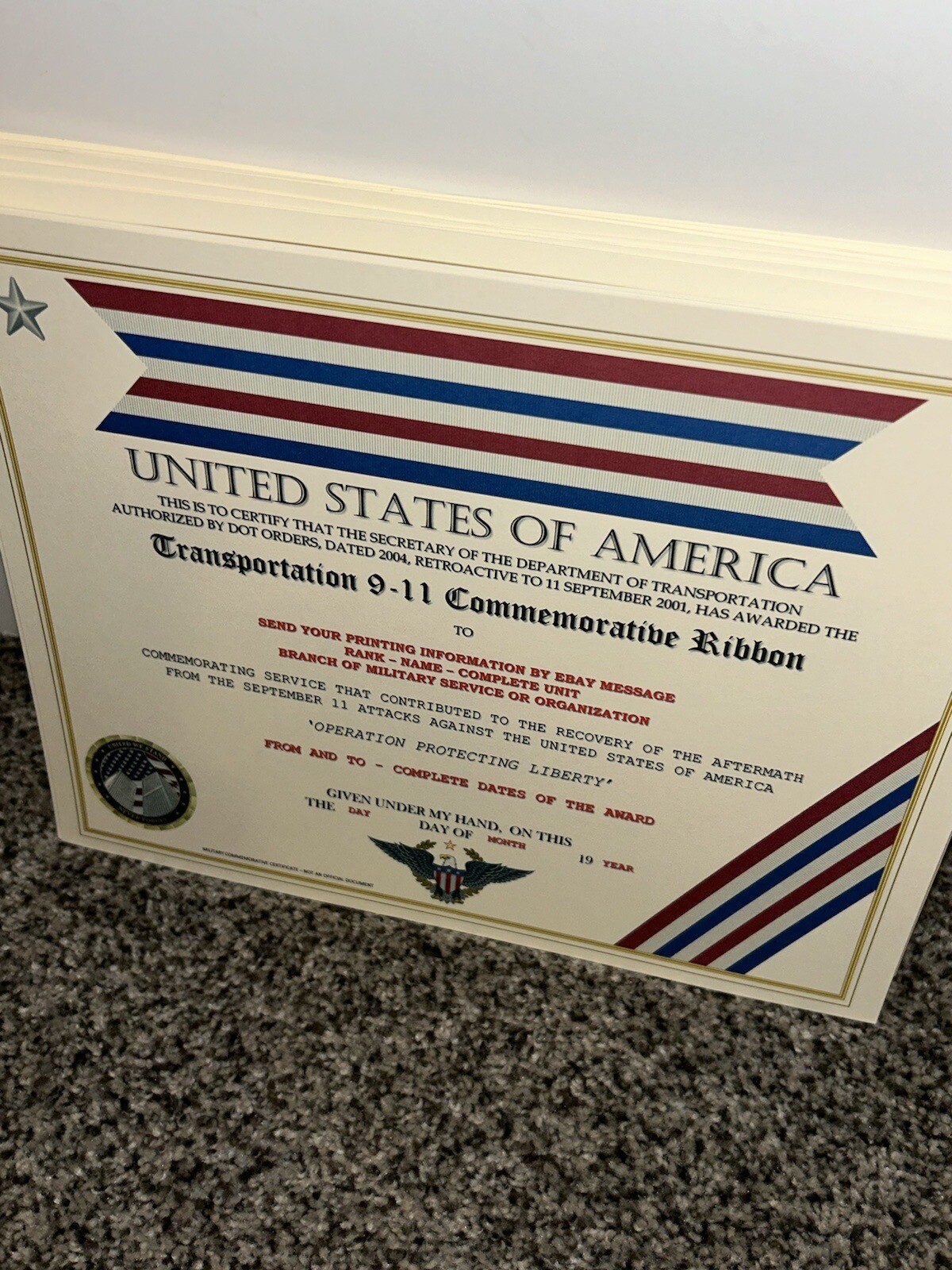 COAST GUARD / TRANSPORTATION 9-11 COMMEMORATIVE CERTIFICATE ~ W/PRINTING TYPE-1