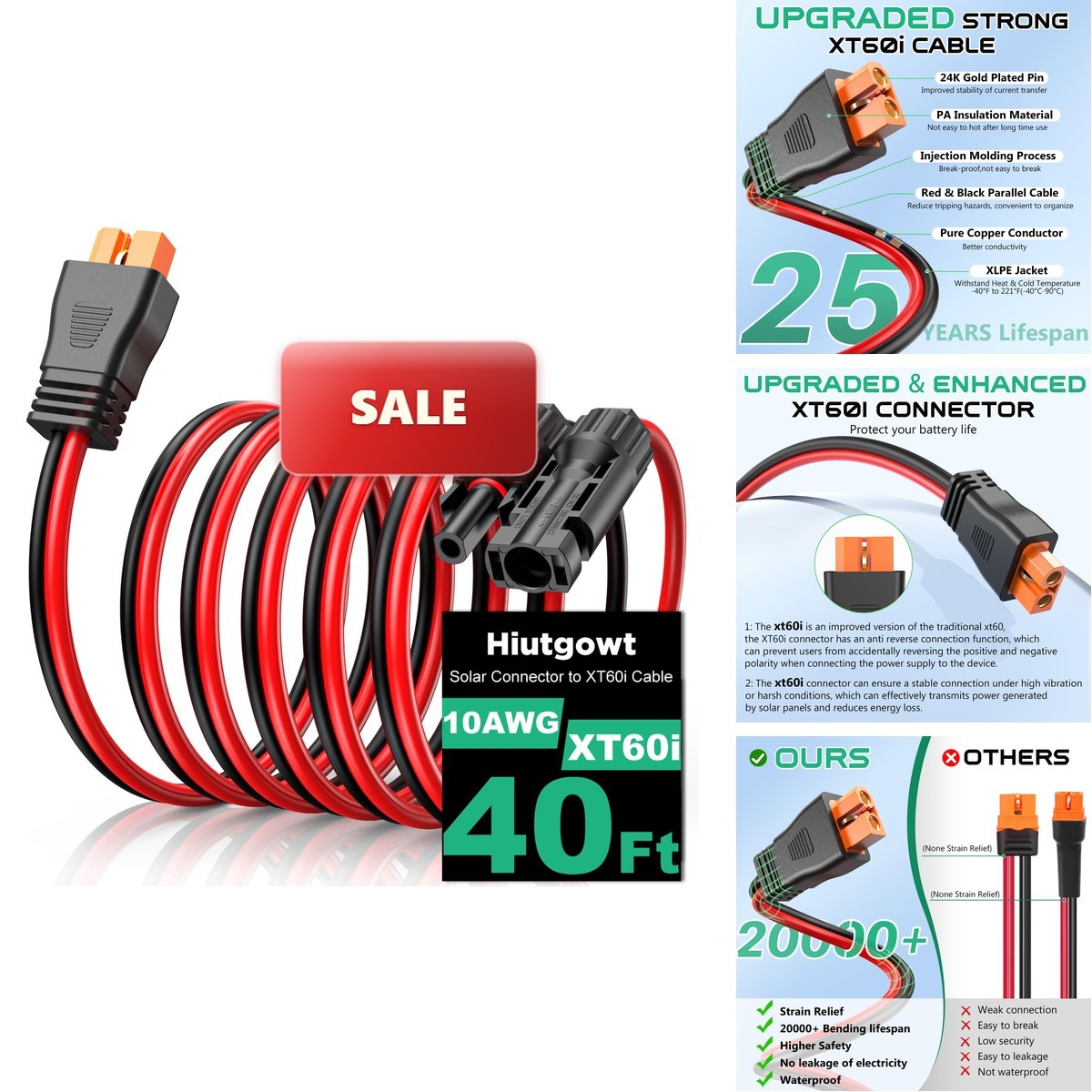 Hiutgowt 10AWG XT60i Solar Cable 40FT, XT60i Cable Solar Connector, Solar Panel