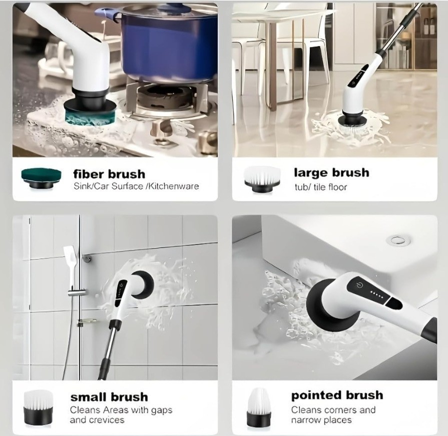 Cordless Spin Scrubber 8 Heads 2 Speed Extendable Bathroom Cleaner Tub Shower...