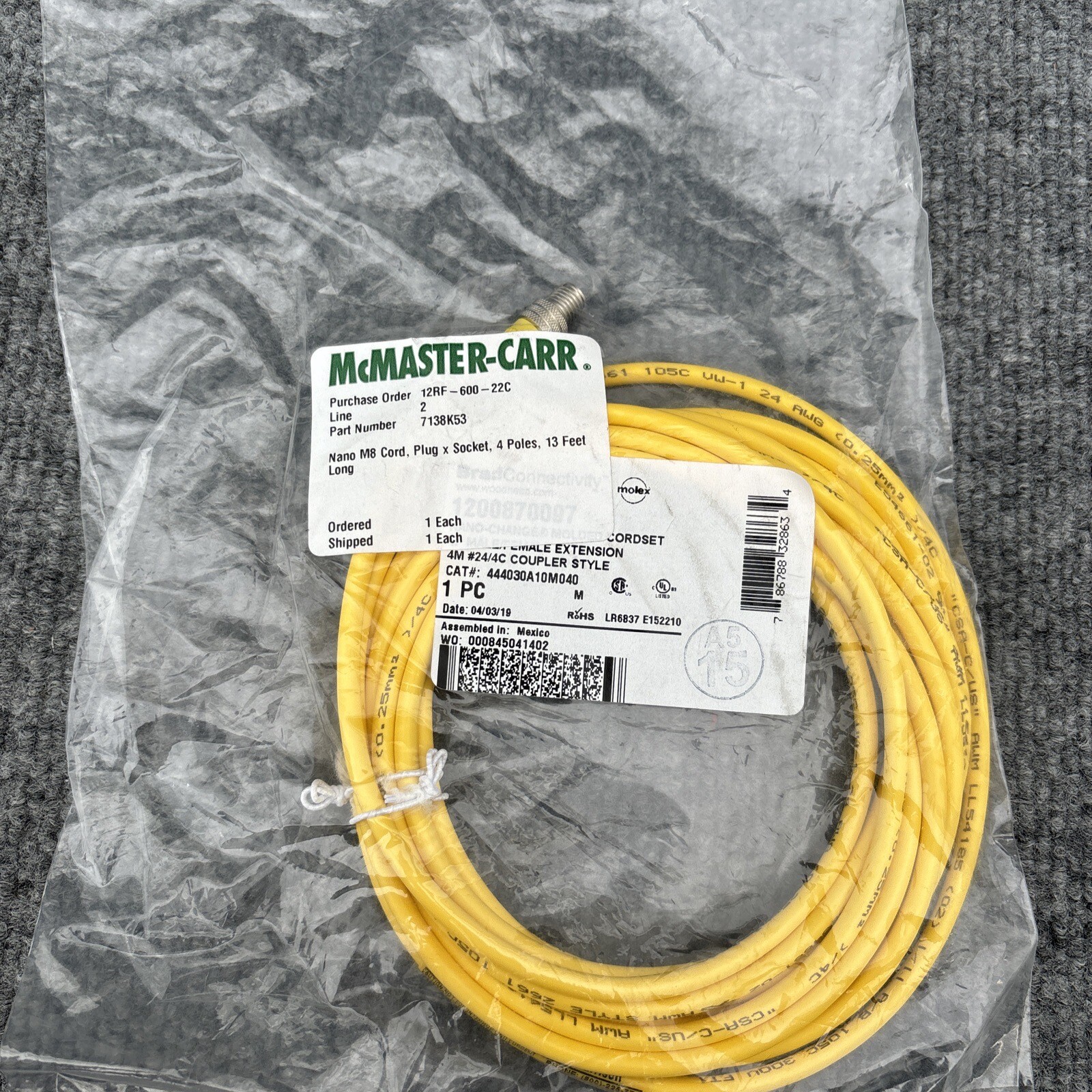 BradConnectivity 1200870097 Cordset 12ft Length 4-Pin Male 444030A10M040 New
