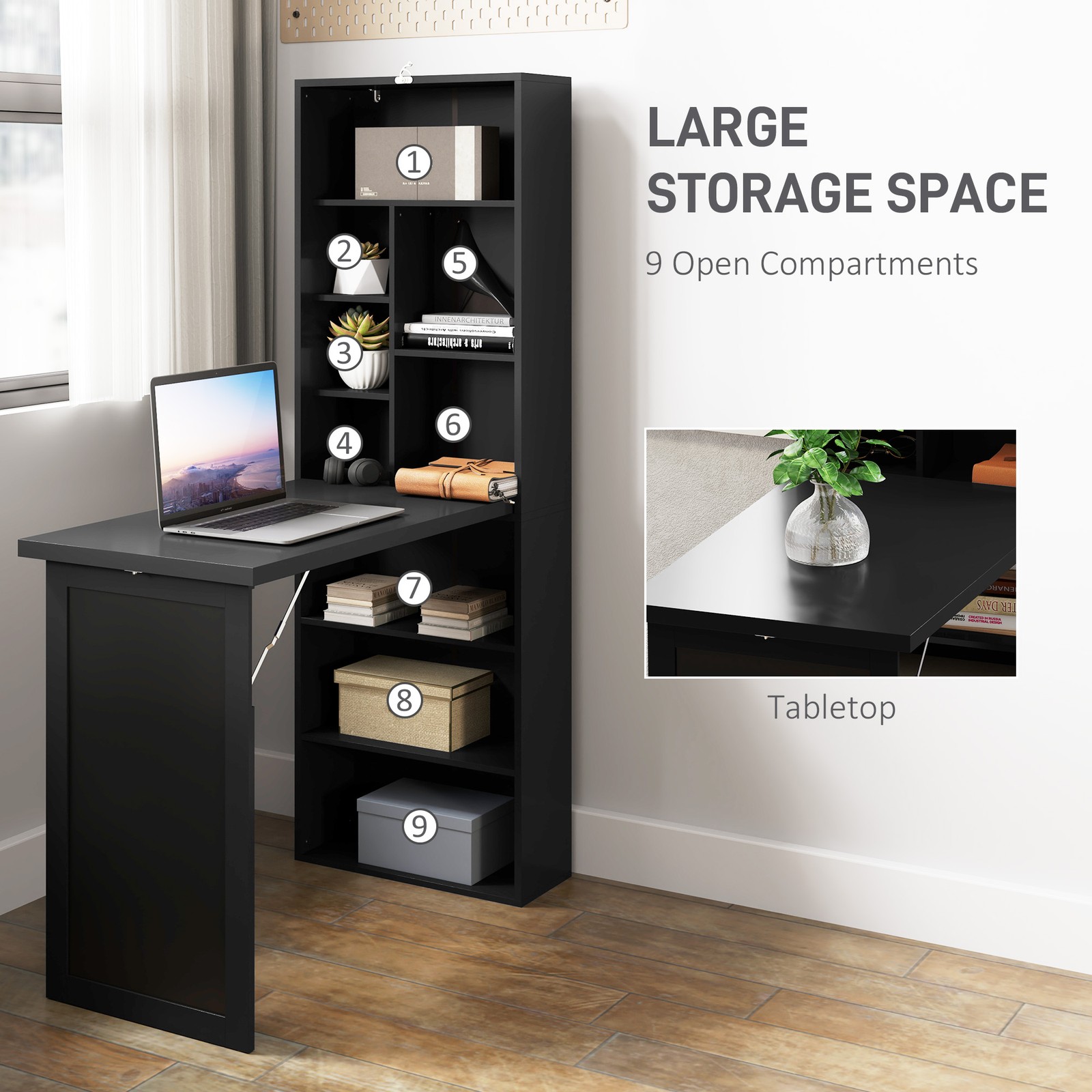 Convertible Desk with Blackboard & Shelf Multi-Function Table, Black
