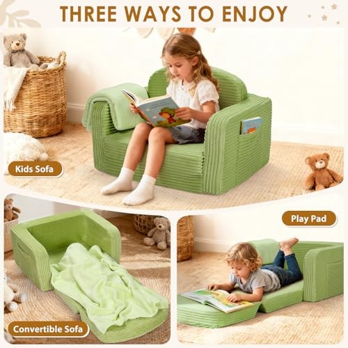 2 in 1 Convertible Kids Couch - Corduroy Fold Out Kids Sofa Chair Medium Green