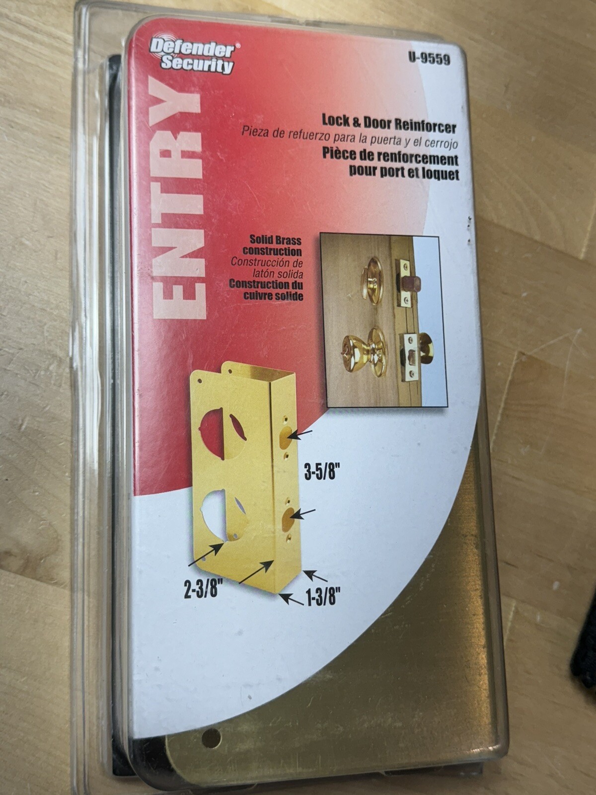 Defender Security U-9559 Door Reinforcer Combo, 1-3/8" Thick by 2-3/8" BRASS NEW