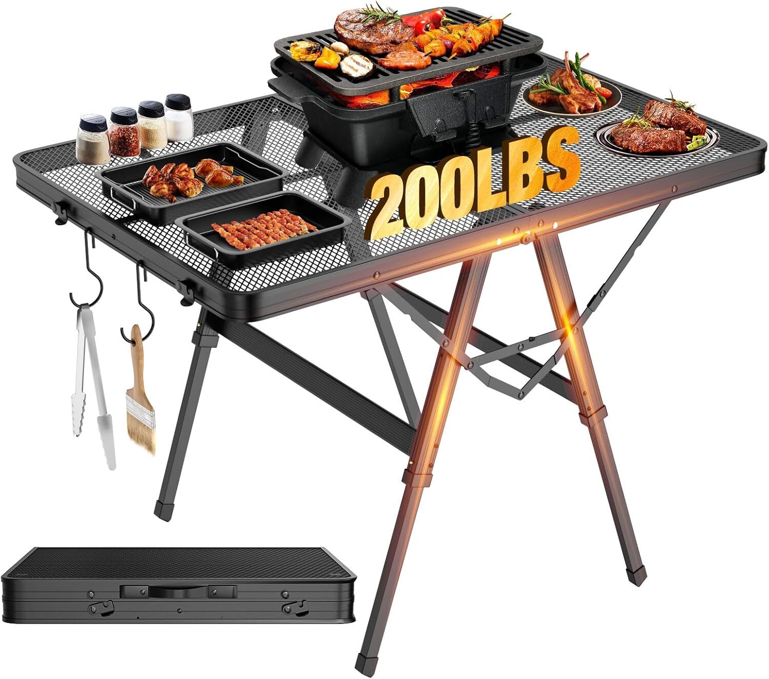 Foldable Grill Table with Mesh Desktop, 200lbs 3Ft Portable Folding Table, Heigh