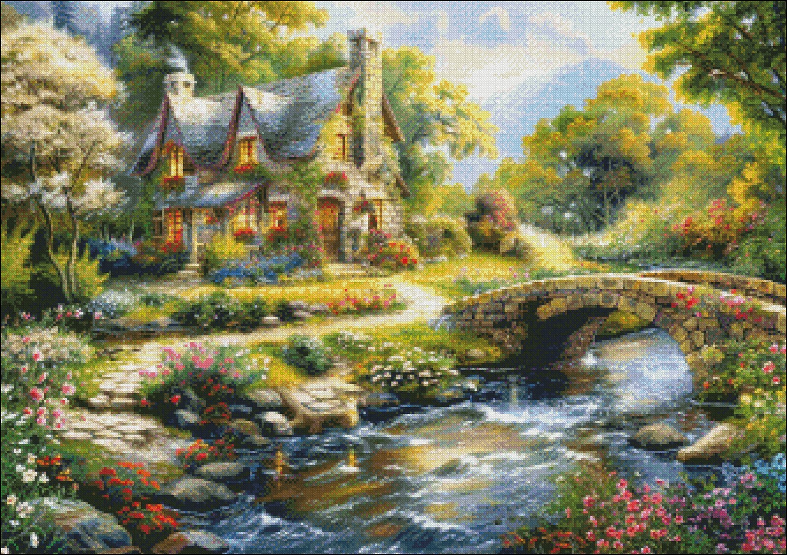 Tranquil Streamside Cottage - Chart Counted Cross Stitch Patterns Needlework DMC