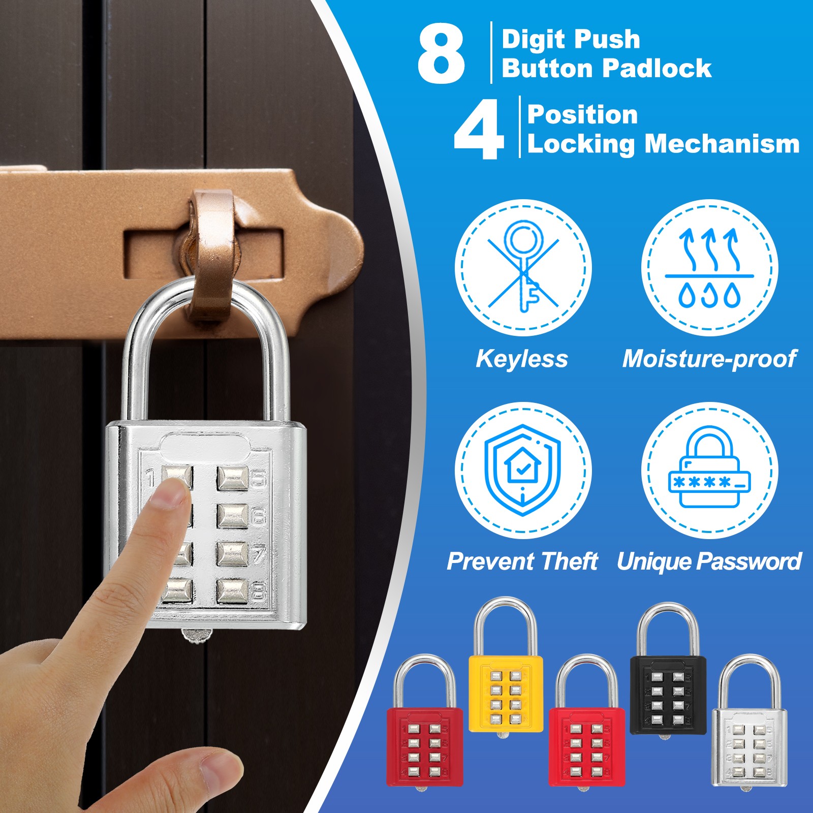 3Pcs Push Button Combination Padlock 8-Digit 4-Position Lock Silver