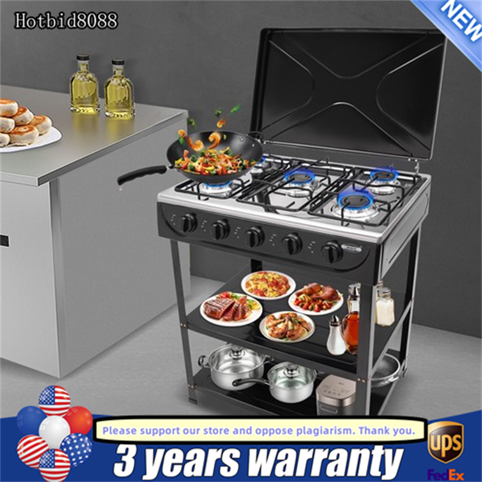Outdoor Cooking Natural Gas Stove 5-Burners W/ Storage Rack For Camping/Kitchen