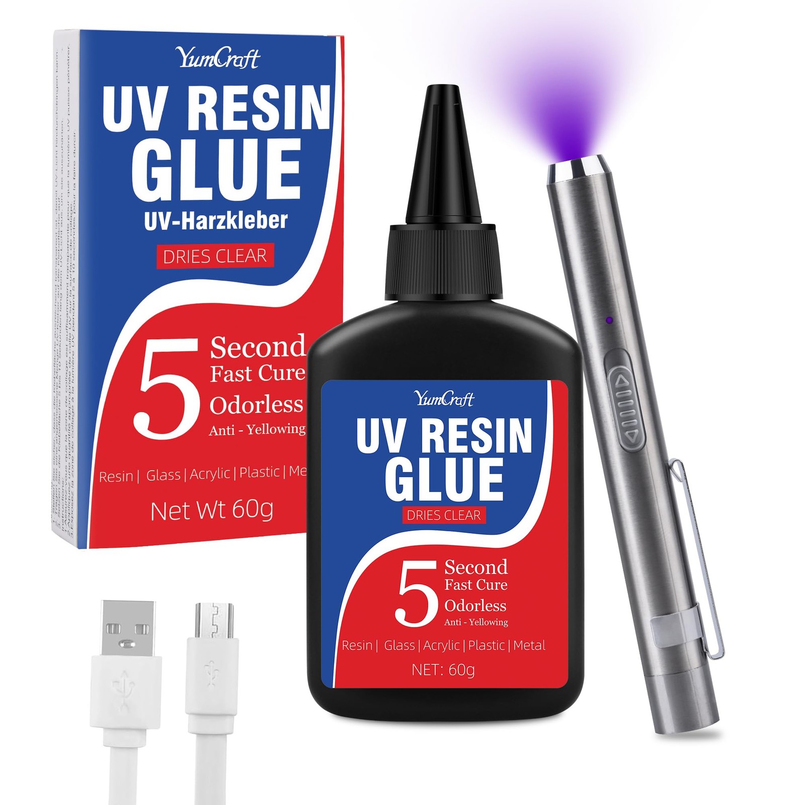 UV Resin Kit with Light, 60g UV Glue with Rechargeable Light, 5 Second Fast C...