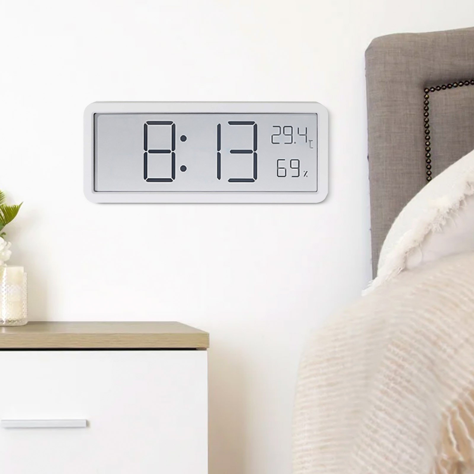 LCD Digital Wall Clock with Time Temperature Humidity and Date Display