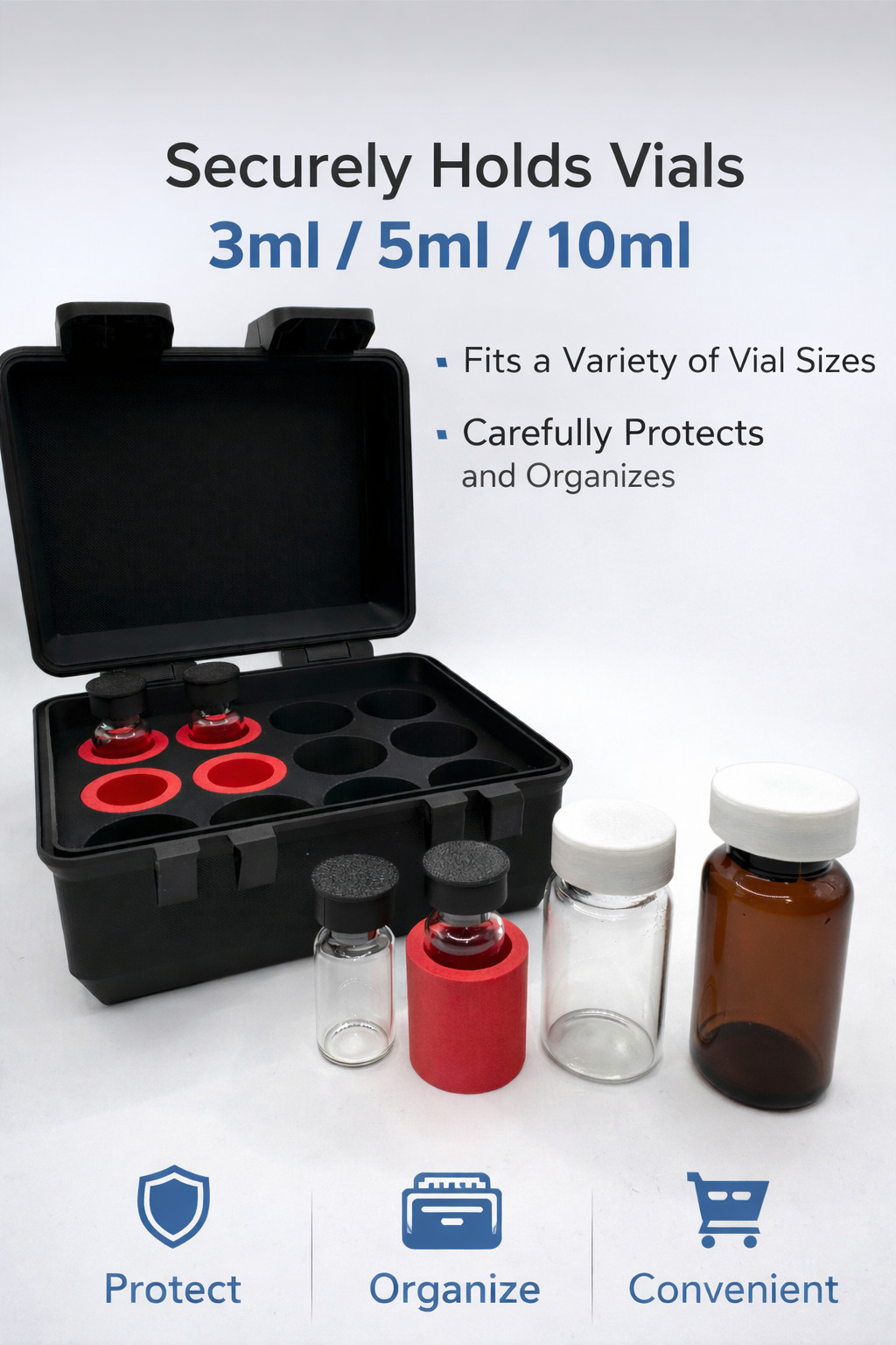 12 Slot Vial Storage Case Organizer Fits 3mL 5mL 10mL Injection Vials