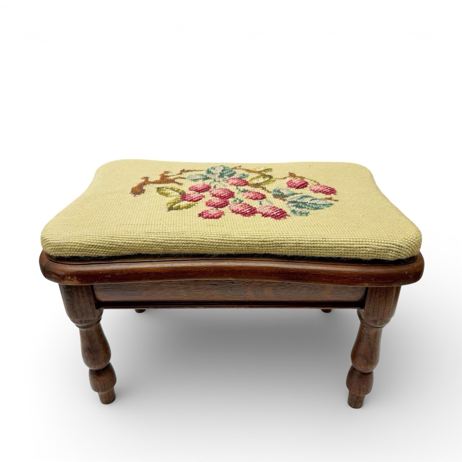 Vintage Needlepoint Raspberry Berry Floral Branch Wool Footstool 9 1/2 x 14 in.
