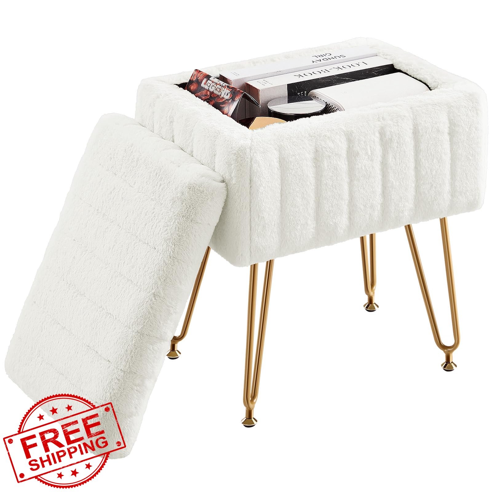DUMOS Faux Fur Storage Vanity Stool Ottoman, Small Footstool with Legs, Makeu...