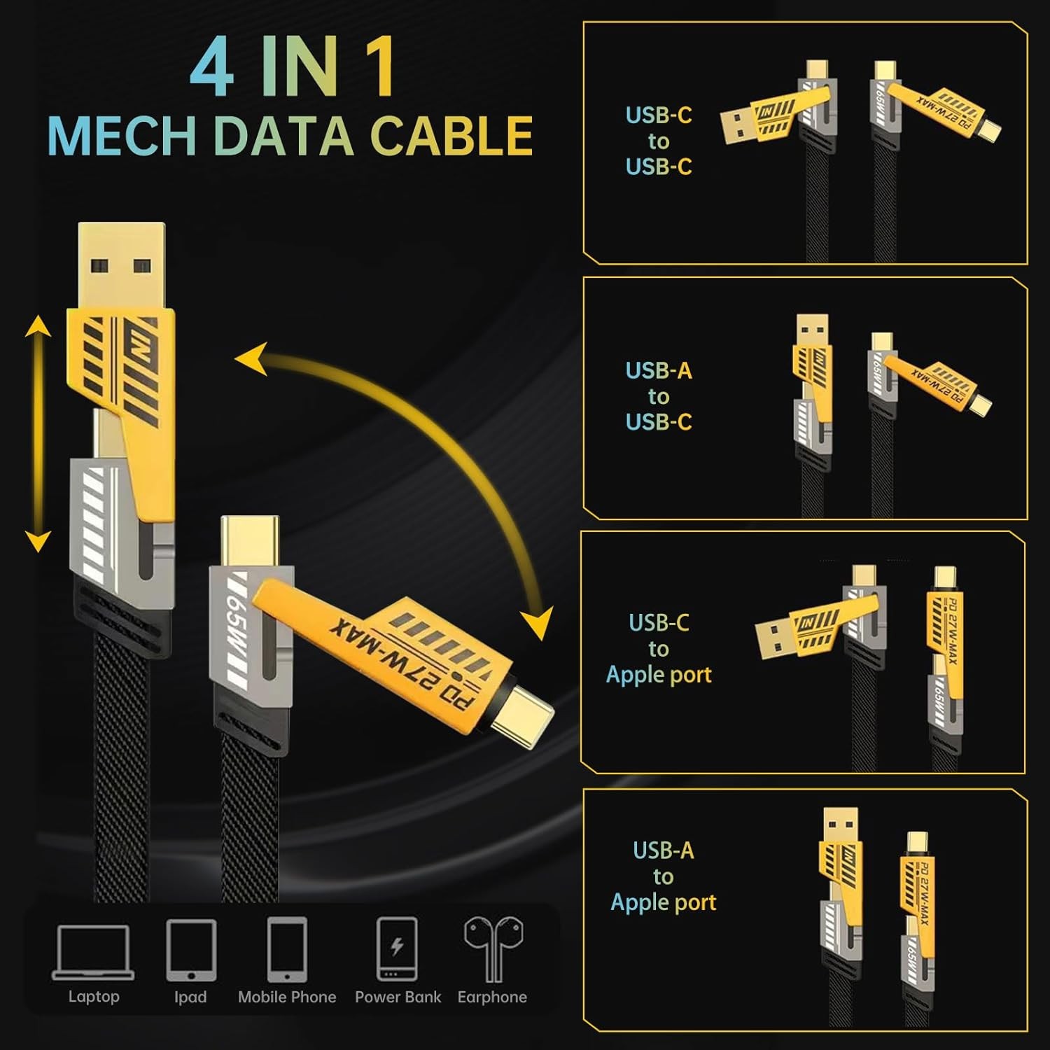USB-C Cable 4-in-1 Fast Charging Cable & Data Sync for Samsung iPhone MacBook