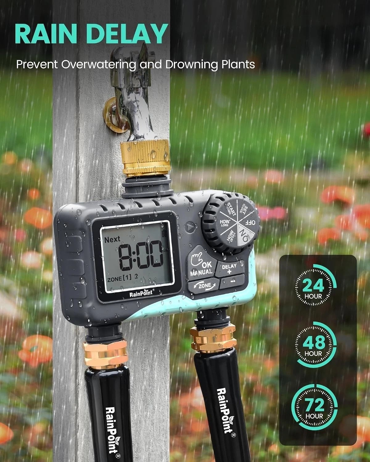 Programmable 2-Outlet Water Timer - Manual & Automatic Modes for Outdoor Use