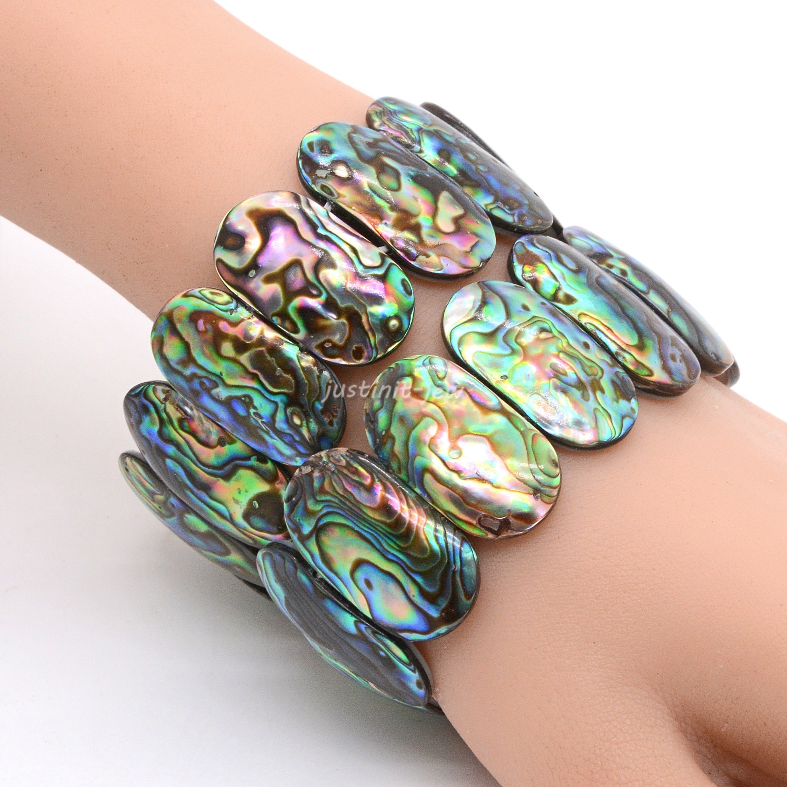 Abalone Shell Oval Stretch Bangle Bracelet Ocean-Inspired Jewelry Gift 7 inch