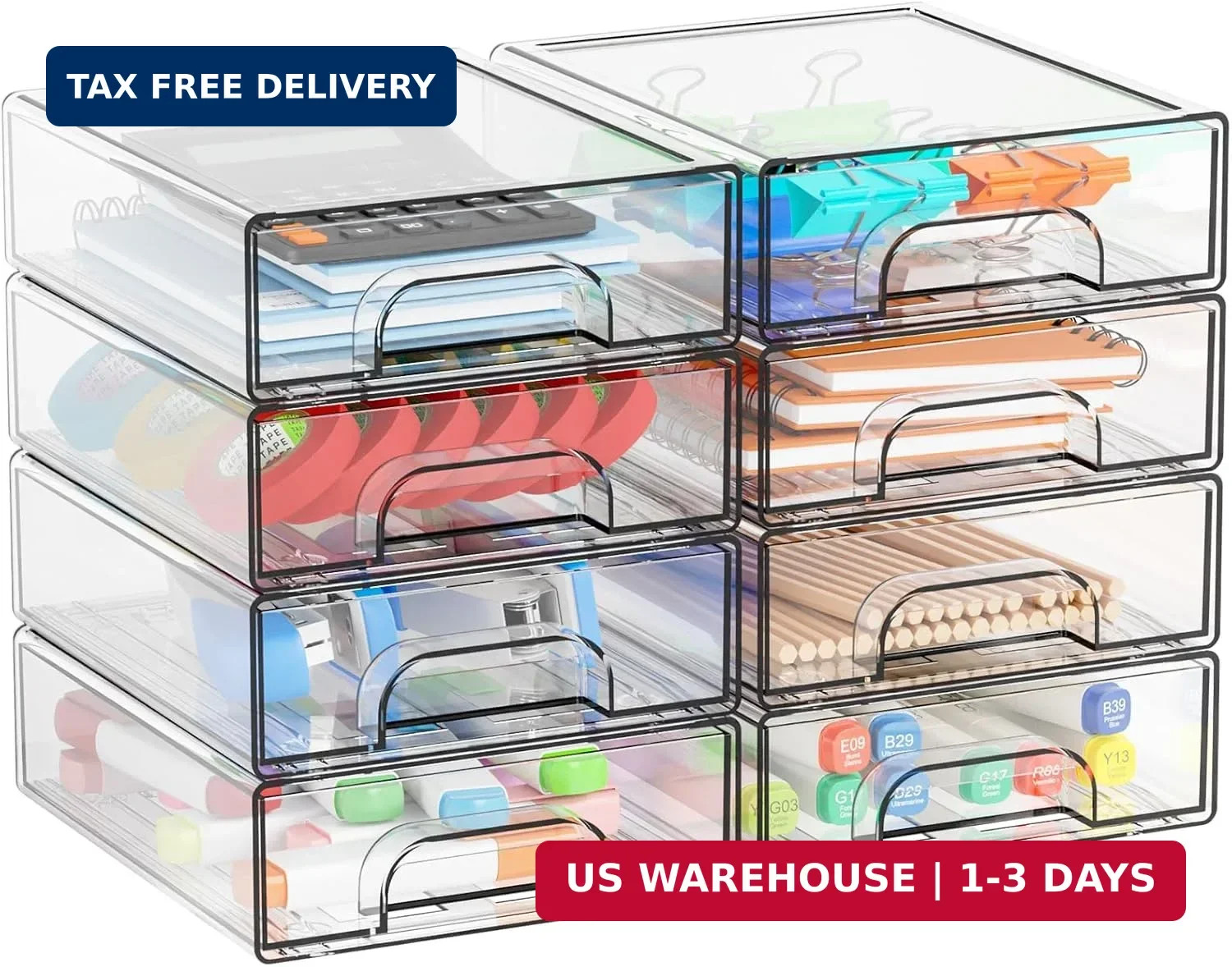 Yieach 2.2'' Tall Acrylic Clear Stackable Storage Drawer Organizer,8 Pack Desk O