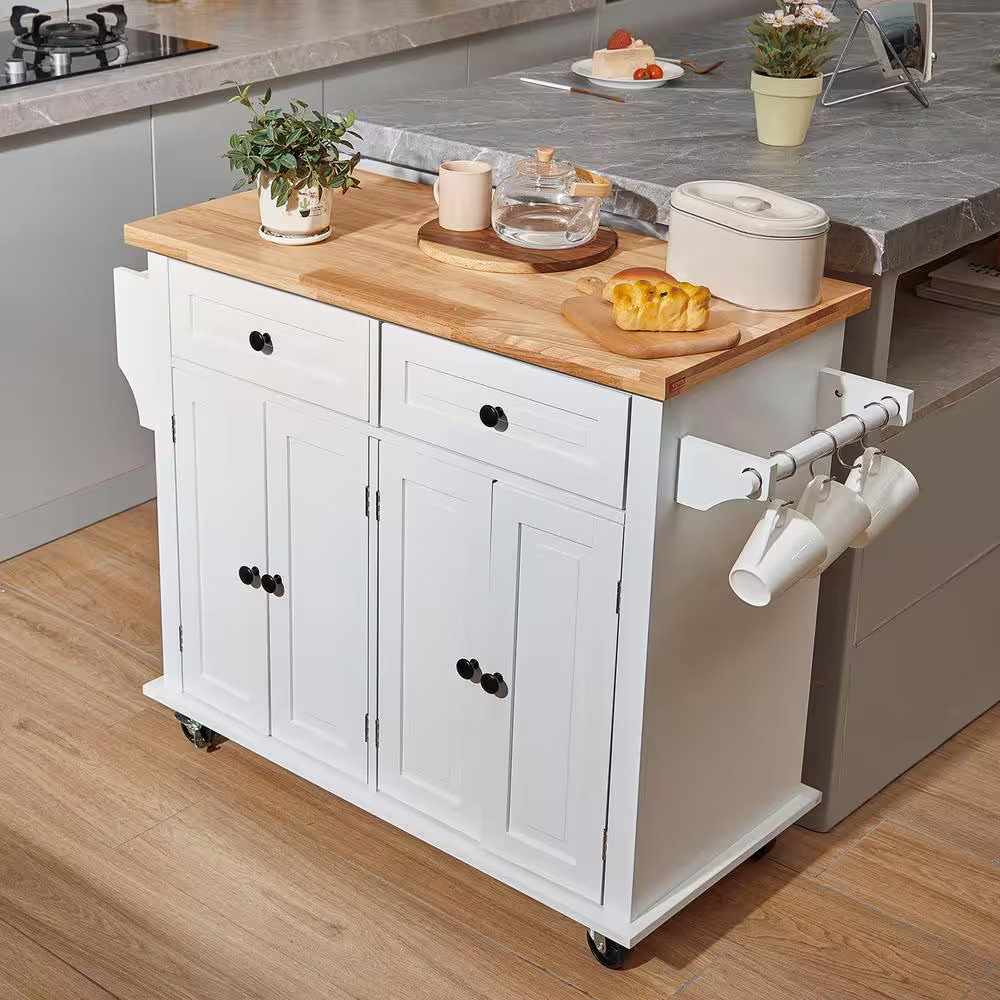 Kitchen Cart 35.4 In. Mobile Storage Cart with Solid Natural Wood Top, Rolling K