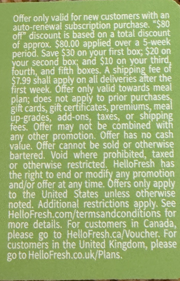 Hello Fresh HelloFresh.com $80 Gift Card (over a 5 week period)