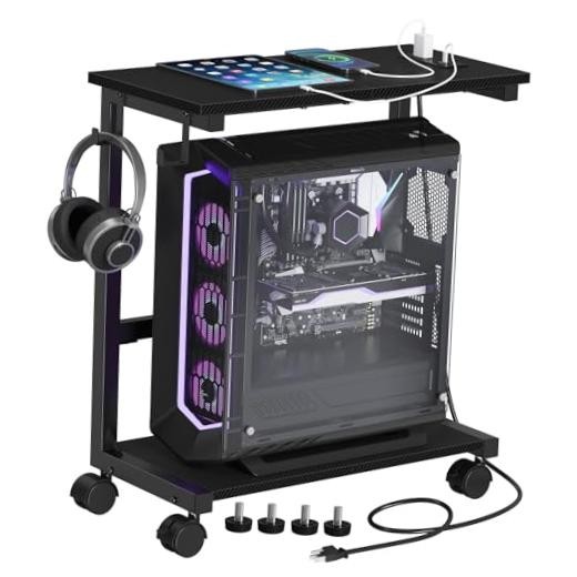Computer Tower Stand with Charge Station, Large with Outlet Black Striped