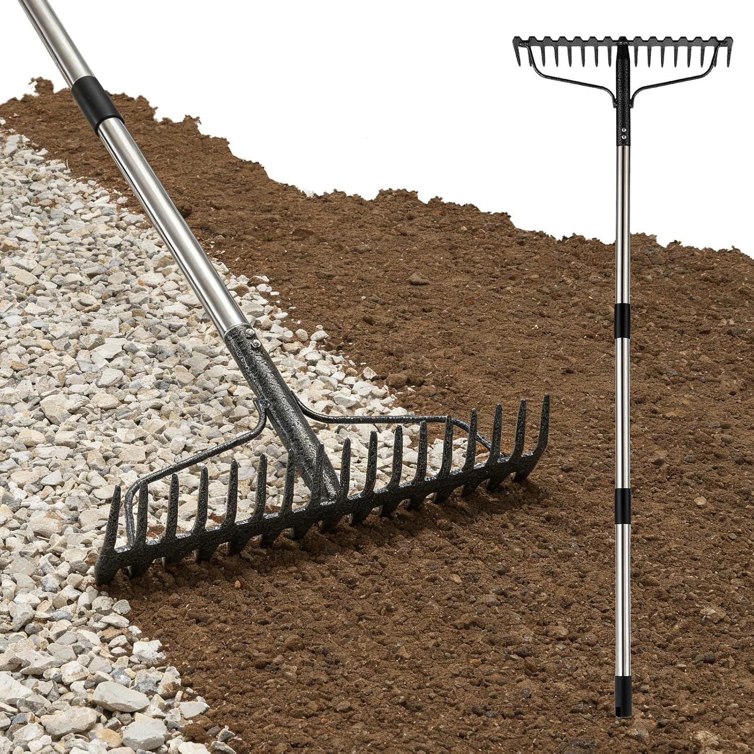 77-Inch Bow Rake, Heavy Duty Metal Garden Rake with 17 Tines & Adjustable Handle