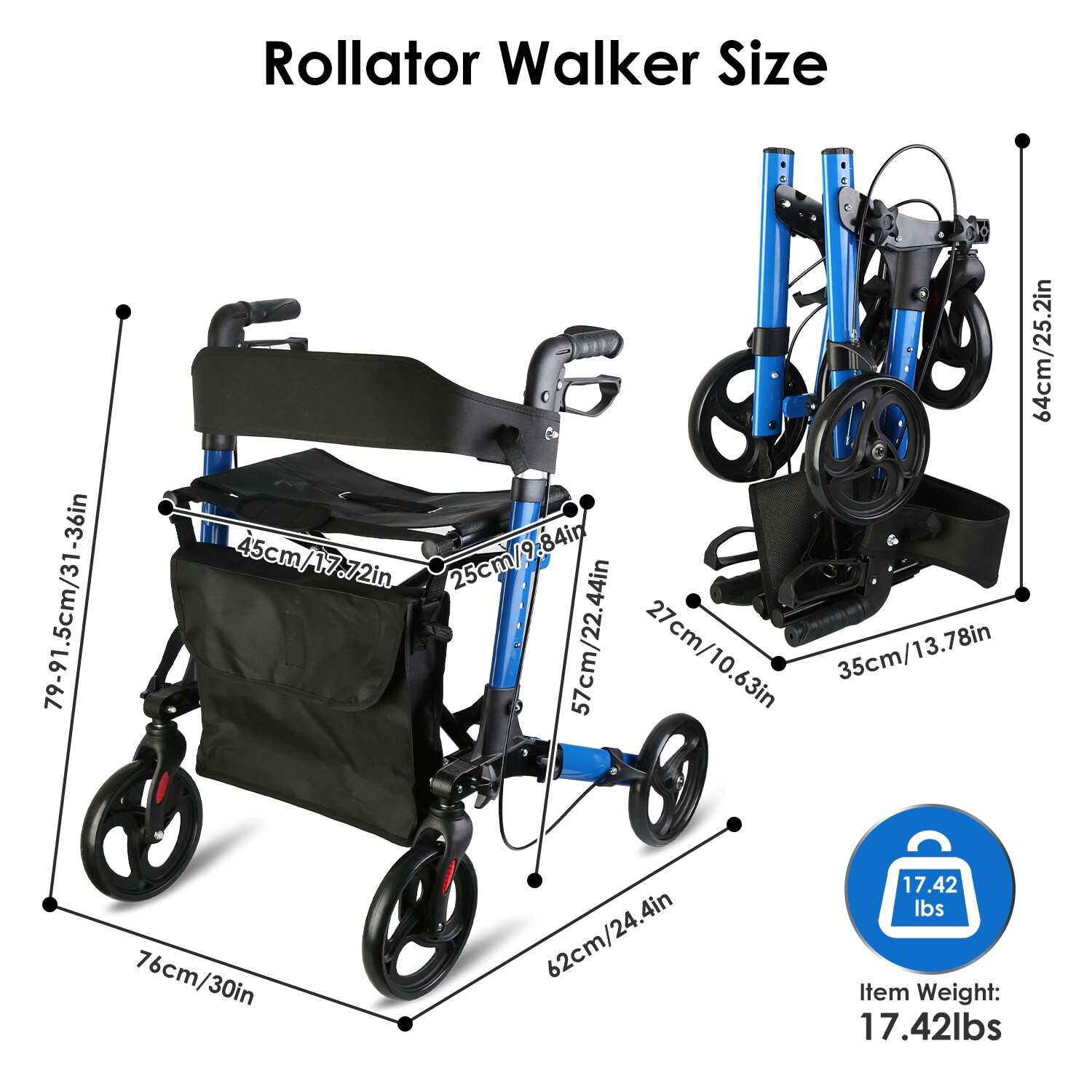 Aluminum Rollator Walker & Seat Backrest Rolling Walker Adjustable Black Walker
